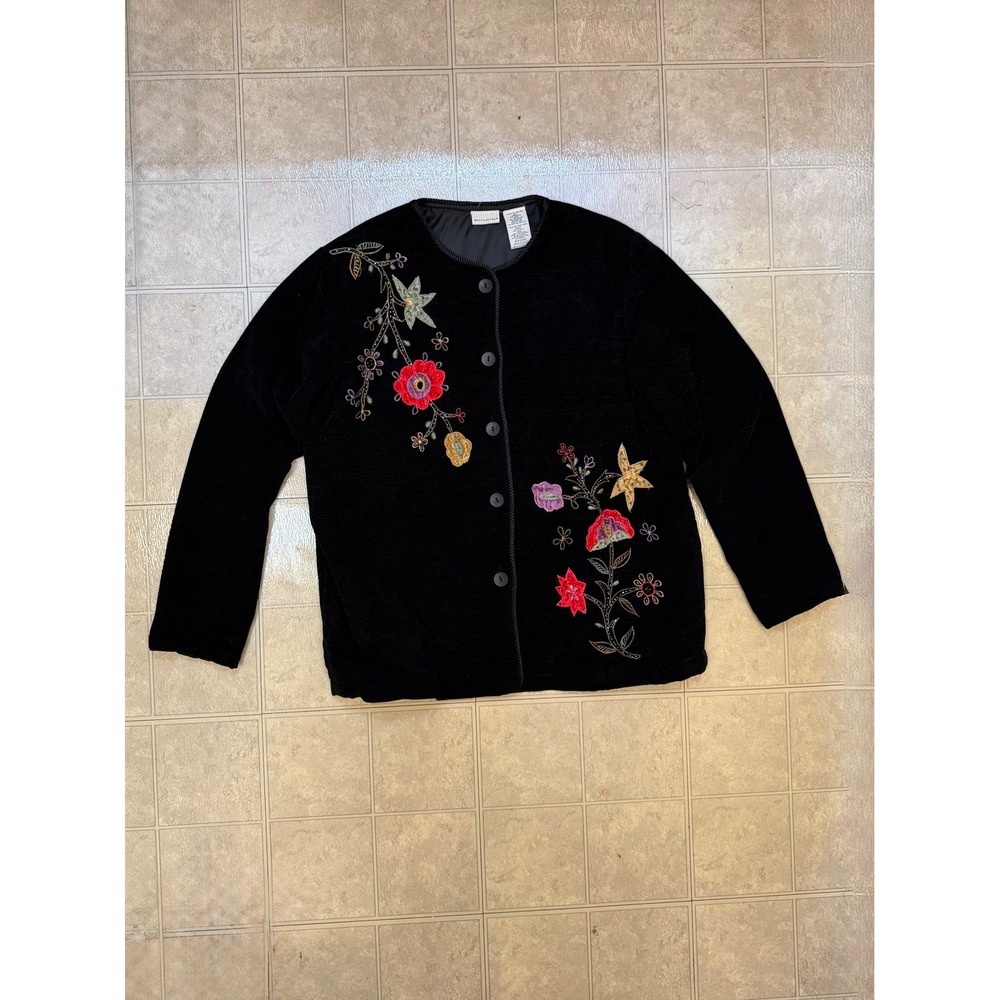 White Stag Black Chenille Embroidered Floral Beaded Button Front Cardigan Sz M